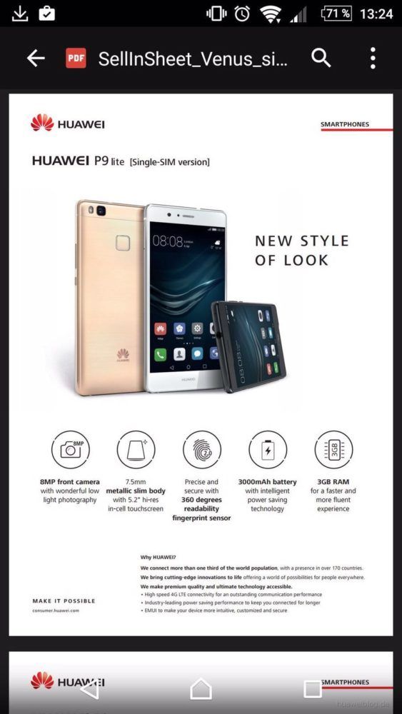 Huawei P9 Lite: документы с характеристиками смартфона